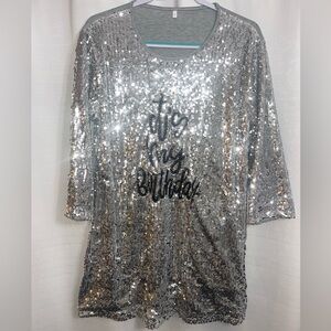 Birthday sequin/jersey t-shirt dress, size: XL, color: silver/grey
